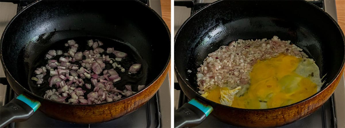 sjalot en ei bakken voor Bami Goreng