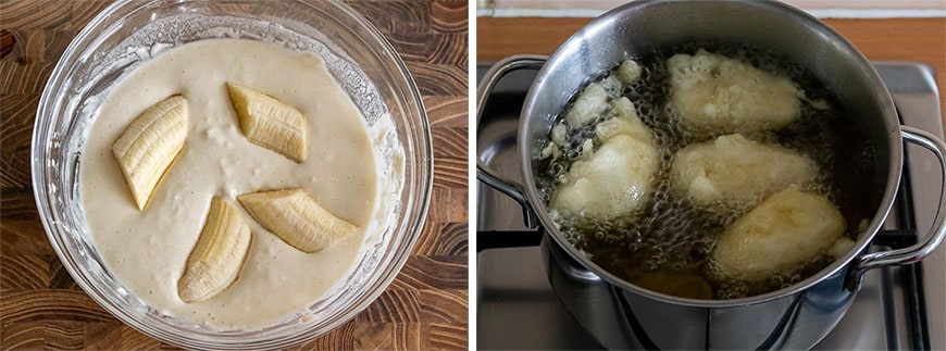 Banaan frituren voor Pisang Goreng (Gebakken Banaan)
