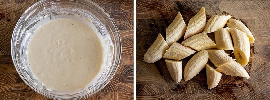 Beslag maken en banaan snijden voor Pisang Goreng (Gebakken Banaan)