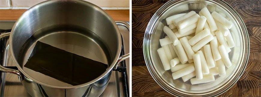 Kombu en rijstcakes weken voor Tteokbokki