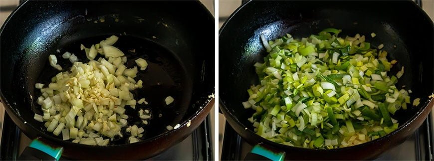 Ui en prei bakken voor Chinese Bami