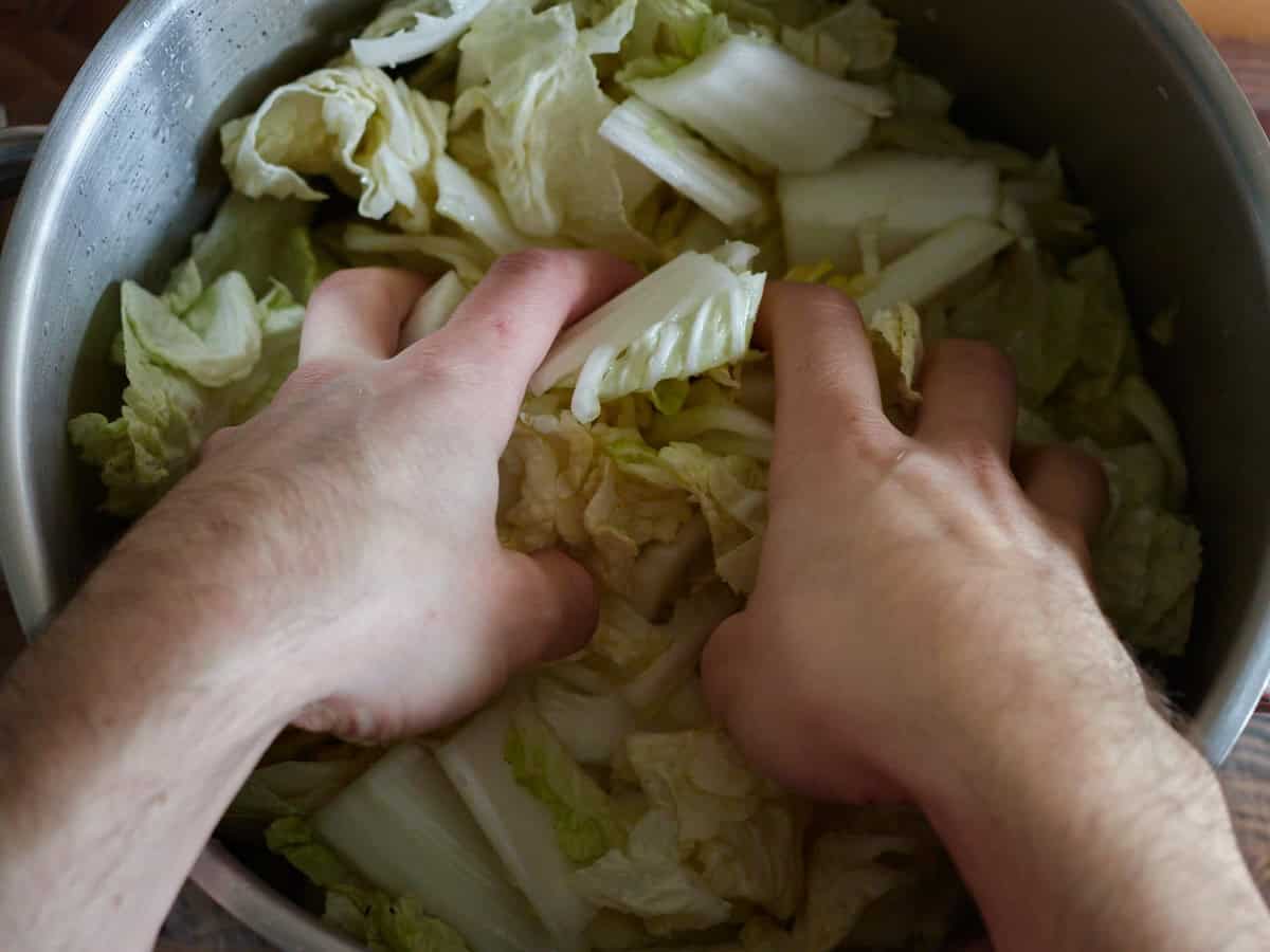 Zout inkneden in Chinese kool voor Kimchi